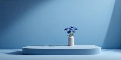 The primary subject of the image is a vase filled with purple flowers, placed on a blue table. The setting is a simple, clean environment with a blue background. The visual style is a photo, capturing the beauty of the flowers and the vase. The colors and mood of the image are predominantly blue, creating a calm and serene atmosphere.