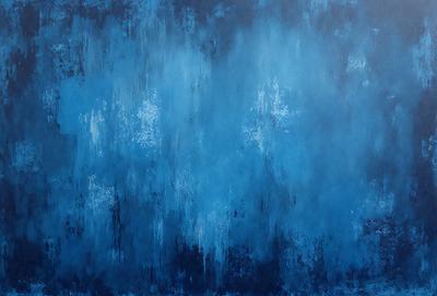 The primary subject of the image is a blue background with a white and blue pattern. The setting is a blue sky, and the visual style is a painting. The colors and mood of the image are predominantly blue, creating a calm and serene atmosphere.