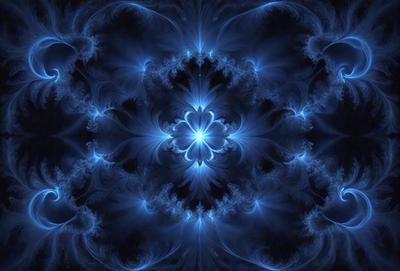 The primary subject of the image is a blue and white flower, which is the main object, scene, or focus of the image. The setting or background features a blue and white swirling pattern, which adds to the visual style of the image. The overall atmosphere is one of beauty and tranquility, as the blue and white colors evoke a sense of calmness and serenity.