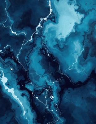 The primary subject of the image is a blue and white painting of a waterfall. The setting is a blue and white ocean, and the visual style is a digital art or illustration. The dominant colors are blue and white, creating a serene and calming atmosphere.