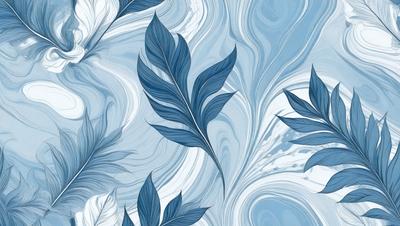 The primary subject of the image is a blue and white pattern featuring leaves and water. The setting is a blue and white background, which creates a visually appealing contrast with the leaves and water. The visual style is a combination of digital art and illustration, giving the image a unique and artistic appearance. The dominant colors are blue and white, creating a calming and serene atmosphere.