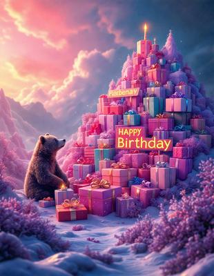 Primary subject: Bear
Setting/background: Snowy mountain
Visual style: Digital art
Colors and mood: Pink and purple