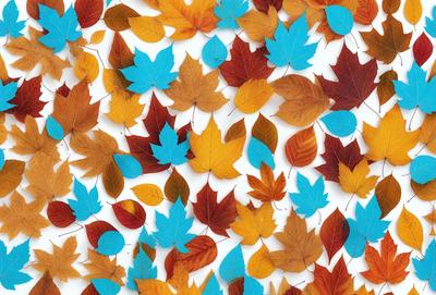The primary subject of the image is a large collection of autumn leaves, which are scattered across a white background. The leaves are in various shades of orange, yellow, and blue, creating a vibrant and colorful scene. The visual style of the image is a close-up of the leaves, showcasing their intricate details and textures. The overall atmosphere of the image is warm and inviting, as it captures the beauty of the autumn season.