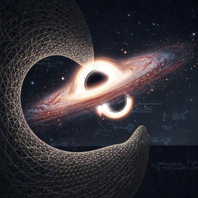 The primary subject of the image is a large, intricate sculpture of a black hole. The setting is a night sky, with the sculpture surrounded by stars. The visual style is a combination of digital art and illustration, creating a striking and detailed representation of the black hole. The colors and mood of the image are dark and dramatic, emphasizing the vastness and power of the black hole.