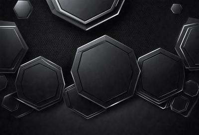 The primary subject of the image is a close-up of a metal object, possibly a piece of jewelry or a decorative item. The setting is a black background, which contrasts with the metal object. The visual style appears to be a combination of a photo and digital art, as the metal object has a slightly blurred appearance. The colors in the image are predominantly black, giving the scene a dark and mysterious atmosphere.