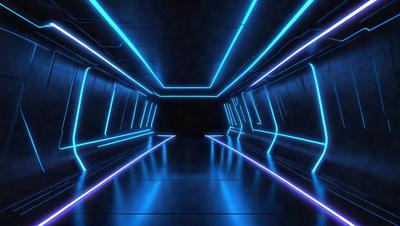 The primary subject of the image is a long, narrow, and brightly lit tunnel. The setting is a dark room with a blue glow, creating a futuristic and mysterious atmosphere. The visual style is a combination of a photo and digital art, with the tunnel's interior illuminated by a blue light. The colors and mood of the image are predominantly blue, with a hint of purple, giving the scene a sense of depth and intrigue.