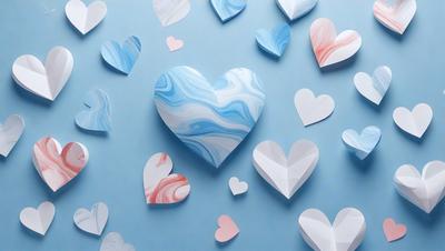 The primary subject of the image is a collection of paper hearts. These hearts are arranged in various positions and sizes, creating a visually appealing and heartwarming display. The setting is a blue wall, which serves as a striking backdrop for the paper hearts. The visual style is a combination of digital art and illustration, as the hearts are crafted from paper and digitally arranged on the wall. The colors and mood of the image are predominantly warm and inviting, with the blue wall and the various shades