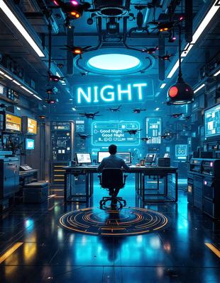The primary subject of the image is a man sitting at a desk in a futuristic setting. He is surrounded by various electronic devices, including multiple computer monitors, laptops, and keyboards. The man appears to be working on one of the computers, possibly in a control room or a high-tech office.

The setting is a futuristic environment, with a blue and purple color scheme that gives the space a modern and advanced feel. The man is seated on a chair, and the desk is