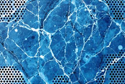 The primary subject of the image is a blue, textured surface with a pattern of white dots. The setting appears to be a blue-tinted room, and the visual style is a combination of a photo and digital art. The dominant colors are blue and white, creating a calm and serene atmosphere.