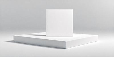 The primary subject of the image is a white square box. The setting is a white background, which creates a clean and minimalist appearance. The visual style is a photo, showcasing the box's simplicity and purity. The colors and mood are predominantly white, giving the image a calm and serene atmosphere.