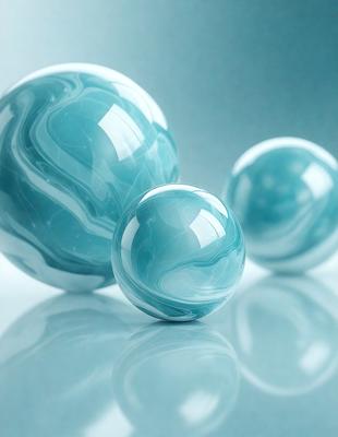 The primary subject of the image is a group of three blue glass balls. They are placed on a white surface, which serves as the setting or background. The visual style of the image is a photo, capturing the details and colors of the glass balls. The dominant colors in the image are blue, which gives the scene a calm and soothing atmosphere.