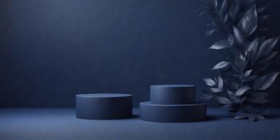 The primary subject of the image is a stack of three blue cakes. The setting is a dark blue background, which creates a moody atmosphere. The visual style is a photo, and the colors and mood are predominantly dark and dramatic.