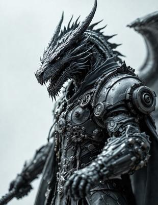 The primary subject of the image is a robotic dragon with a metallic appearance. The robotic dragon is wearing a cape and has a mechanical design. The setting is a white background, which provides a clean and minimalistic look to the image. The visual style is a combination of digital art and illustration, creating a unique and intricate design. The colors and mood of the image are predominantly metallic and futuristic, giving the robotic dragon a sense of power and sophistic