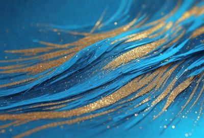 The primary subject of the image is a blue fabric with gold glittery threads or sequins. The setting is a blue background, and the visual style appears to be a combination of a photo and digital art. The colors and mood of the image are predominantly blue and gold, creating a sense of elegance and sophistication.