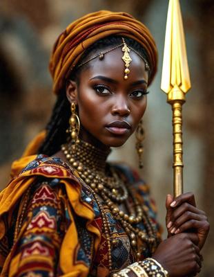 The primary subject of the image is a woman wearing a colorful dress and holding a gold staff. She is standing in front of a tree, which serves as the setting for the scene. The visual style of the image is a combination of photo and digital art, creating a vibrant and lively atmosphere. The woman's outfit and the gold staff suggest a sense of power and authority, while the tree adds a natural element to the scene.