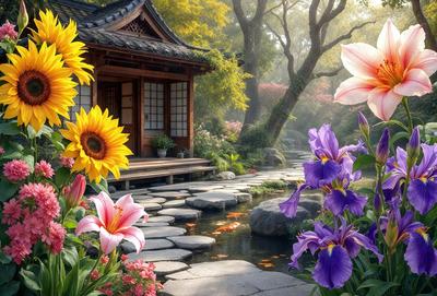 The primary subject of the image is a beautiful garden with a variety of flowers, including sunflowers, purple flowers, and pink flowers. The garden is situated next to a house, and the setting includes a pond and a bridge. The visual style of the image is a combination of photo and digital art, creating a vibrant and lively atmosphere. The colors and mood of the image are predominantly warm and inviting, with the flowers adding a touch of natural beauty to the scene.