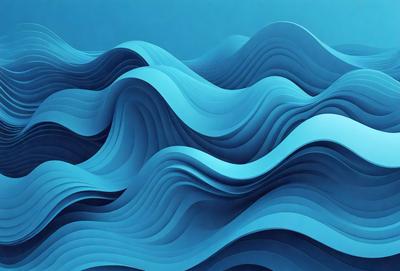 The primary subject of the image is a blue ocean with waves. The setting is a blue background, and the visual style is a digital art or illustration. The dominant colors are blue and white, creating a calm and serene atmosphere.