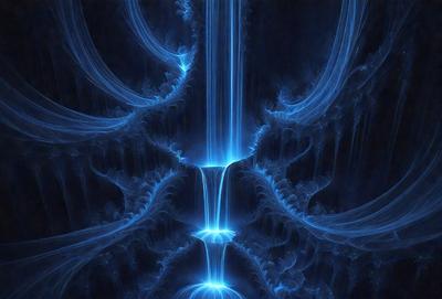 The primary subject of the image is a blue, swirling, and flowing structure that resembles a tunnel or a vortex. The setting is a dark, blue-toned environment, which adds to the overall mood of the image. The visual style is a combination of digital art and illustration, creating a unique and captivating scene. The colors and mood of the image are predominantly blue, with a sense of depth and intrigue.