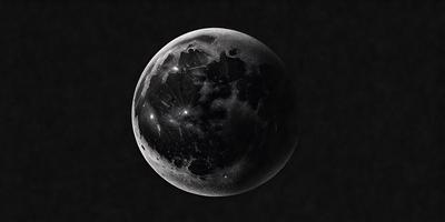 The primary subject of the image is a close-up of a moon, which is the main object in the scene. The moon is shown in a dark, black and white setting, giving it a dramatic and moody appearance. The visual style of the image is a combination of a photo and a drawing, creating a unique and artistic representation of the moon. The colors and mood of the image are predominantly dark and mysterious, emphasizing the moon's silhouette and the vastness of space.