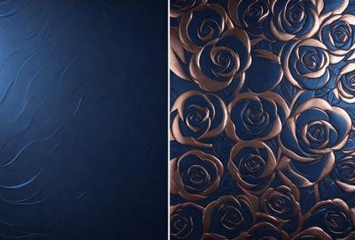 The primary subject of the image is a wall with a decorative design featuring a pattern of roses. The setting is a room with a blue background, which adds to the overall atmosphere. The visual style of the image is a combination of digital art and illustration, creating a unique and eye-catching design. The dominant colors in the image are blue and gold, which contribute to a calm and elegant mood.