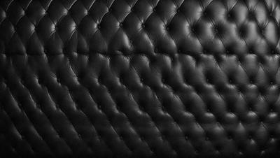 The primary subject of the image is a black leather couch with a patterned design. The setting is a room with a black background, which creates a contrast with the couch. The visual style is a close-up of the couch, showcasing its texture and pattern. The colors and mood of the image are dark and moody, with the black leather couch being the main focal point.