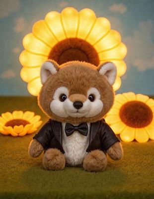 The primary subject of the image is a brown teddy bear wearing a black jacket and a bow tie. The bear is sitting on a green surface, which could be a grassy area or a carpet. The setting appears to be a playful and cozy environment, possibly a child's room or a nursery. The visual style of the image is a combination of photo and digital art, creating a unique and charming appearance. The colors and mood of the image are warm and inviting, with the brown ted