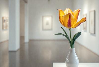The primary subject of the image is a vase filled with a single yellow flower, which is placed on a table. The setting is a room with a white wall, and the visual style appears to be a photo. The dominant colors in the image are yellow and white, creating a warm and inviting atmosphere.