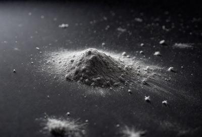 The primary subject of the image is a pile of white powder, which appears to be a mixture of flour and sugar. The setting is a black surface, possibly a table or a countertop. The visual style of the image is a close-up of the powder, showcasing its texture and appearance. The colors and mood of the image are predominantly black and white, giving it a clean and minimalist appearance.