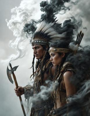 The primary subject of the image is a man and a woman dressed in Native American costumes, standing together in a smoky environment. The man is holding a large knife, and the woman is wearing a headband. The setting appears to be a foggy, mystical atmosphere, possibly representing a Native American ceremony or a fantasy scene. The visual style of the image is a combination of photo and digital art, creating a unique and captivating scene. The dominant colors in the image are shades of gray, black,