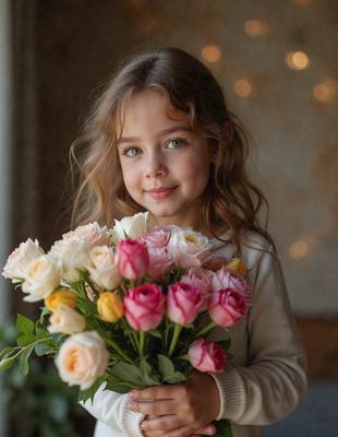 The primary subject of the image is a young girl holding a bouquet of flowers. The setting is indoors, with the girl standing in front of a wall. The visual style appears to be a photo, capturing the girl's smile and the beauty of the flowers. The colors in the image are predominantly pink and white, creating a warm and cheerful atmosphere.