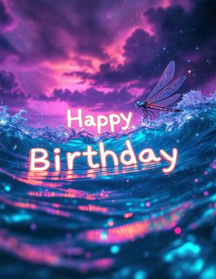 The primary subject of the image is a dragonfly, which is flying over a body of water. The setting is a purple and blue ocean, with a cloudy sky in the background. The visual style is a digital art, and the dominant colors are purple and blue, creating a serene and calming atmosphere.