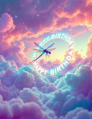 The primary subject of the image is a dragonfly flying through a cloudy, pink and purple sky. The dragonfly is positioned in the center of the scene, surrounded by the vibrant colors of the sky. The setting appears to be a digital art or illustration, as the dragonfly is depicted in a stylized manner. The visual style of the image creates a sense of whimsy and playfulness, with the dragonfly soaring through the clouds as the main focus of the