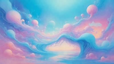 The primary subject of the image is a painting of a blue ocean with a wave. The setting is a blue sky, and the visual style is digital art. The dominant colors are blue and pink, creating a serene and calming atmosphere.