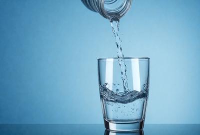 The primary subject of the image is a glass of water, which is filled with water and has a clear glass appearance. The glass is placed on a table, and the setting is a blue background. The visual style of the image is a photo, and the colors and mood are predominantly blue and calm.