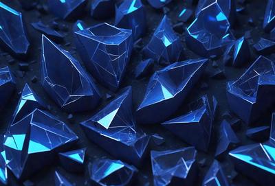 The primary subject of the image is a collection of blue glass shards or broken glass pieces. The setting is a dark background, which contrasts with the blue glass pieces. The visual style appears to be a close-up of the glass pieces, showcasing their unique shapes and textures. The colors and mood of the image are predominantly dark and moody, with the blue glass pieces being the main focus and source of visual interest.