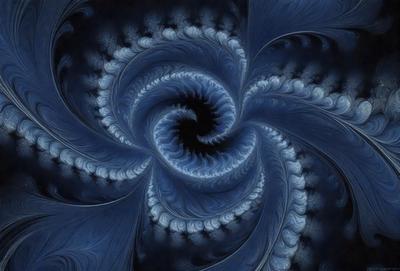 The primary subject of the image is a blue spiral pattern, which appears to be a digital art or illustration. The setting is a blue background, and the visual style suggests that it is a digital artwork or a pattern. The dominant colors in the image are blue and black, creating a calm and serene atmosphere.