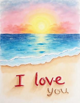 The primary subject of the image is a painting of a beach scene with a sunset. The setting is a beach with a body of water, and the visual style is a painting. The colors and mood of the painting are warm and inviting, with the sunset creating a serene atmosphere. The painting features the words "I love you" written in red, adding a personal touch to the scene.