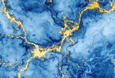The primary subject of the image is a blue and yellow marbled surface, which appears to be a piece of art or a decorative item. The setting is a blue background, which complements the colors of the marbled surface. The visual style is a combination of digital art and illustration, creating a unique and eye-catching design. The dominant colors are blue and yellow, which evoke a sense of calmness and warmth.