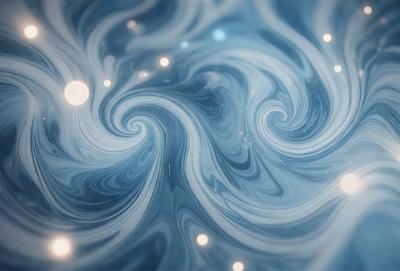 The primary subject of the image is a swirling, blue, and white pattern. The setting is a dark blue background, which contrasts with the swirling pattern. The visual style appears to be a combination of a photo and digital art, creating a unique and intriguing visual effect. The colors and mood of the image are predominantly dark and moody, with the swirling pattern adding a sense of depth and movement to the overall atmosphere.