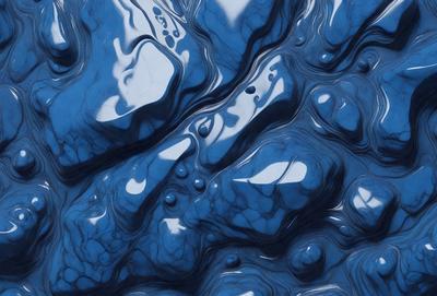The primary subject of the image is a blue, rippled surface, possibly a piece of art or a photograph. The setting appears to be a dark, moody environment, with the blue surface as the main focus. The visual style of the image is a close-up of the blue surface, which gives it a unique and intriguing appearance. The colors and mood of the image are predominantly dark and mysterious, with the blue surface serving as a striking contrast against the surrounding darkness.
