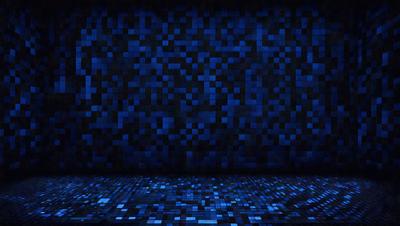 The primary subject of the image is a blue wall with a pattern of blue squares. The setting is a dark room, and the visual style appears to be a digital art or illustration. The dominant colors and overall atmosphere are blue and dark, creating a sense of depth and mystery.