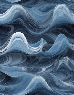 The primary subject of the image is a blue and white ocean wave. The setting is the ocean, with the wave being the main focus of the image. The visual style is a digital art or illustration, as the wave is depicted in a detailed and artistic manner. The dominant colors are blue and white, creating a serene and calming atmosphere.