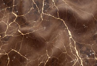 The primary subject of the image is a piece of brown fabric with a pattern of gold and brown streaks. The setting is a close-up of the fabric, showcasing its unique texture and design. The visual style is a close-up of the fabric, which gives it a detailed and textured appearance. The colors and mood of the image are warm and earthy, with the gold and brown tones creating a sense of richness and depth.