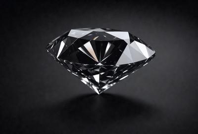 The primary subject of the image is a large, clear, and shiny diamond. The diamond is placed on a black background, which creates a striking contrast. The visual style of the image is a close-up of the diamond, showcasing its beauty and clarity. The colors and mood of the image are predominantly black and white, giving it a classic and elegant appearance.