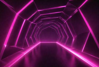 The primary subject of the image is a tunnel-like structure with a pink lighting effect. The setting is a dark room, and the visual style appears to be a combination of a photo and digital art. The dominant colors are pink and purple, creating a warm and inviting atmosphere.