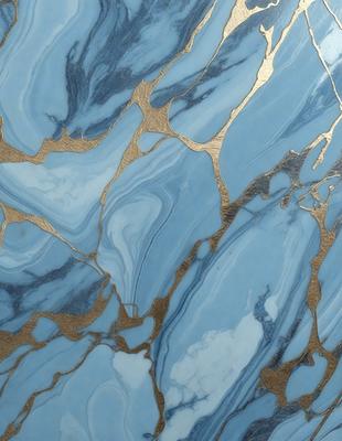 The primary subject of the image is a blue and gold marbled wallpaper with a gold and blue pattern. The setting is a room with a blue and gold marbled wallpaper, which creates a unique and elegant atmosphere. The visual style is a close-up of the wallpaper, showcasing the intricate design and colors. The dominant colors are blue and gold, giving the room a sophisticated and luxurious appearance.