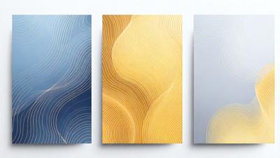 The primary subject of the image is a painting of three different colored waves. The setting is a white wall, and the visual style is a painting. The dominant colors are yellow, blue, and gold, creating a warm and vibrant atmosphere.