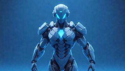 The primary subject of the image is a futuristic robot with a blue and white color scheme. The robot is prominently displayed in the foreground, with its arms and legs spread out. The setting is a dark blue background, which contrasts with the robot's colors, creating a striking visual effect. The visual style of the image is digital art, as it appears to be a computer-generated or digitally rendered creation. The overall atmosphere of the image is one of advanced technology and futuristic design.