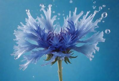 The primary subject of the image is a blue flower with a purple center, floating in a blue water-like substance. The setting appears to be a blue ocean or a large body of water. The visual style of the image is a close-up of the flower, showcasing its details and beauty. The colors and mood of the image are predominantly blue, creating a serene and calming atmosphere.