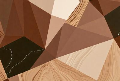 The primary subject of the image is a wooden log, which is the main object in the scene. The setting is a brown and white triangular pattern, which serves as the backdrop for the log. The visual style of the image is a combination of photo and digital art, creating a unique and intriguing appearance. The dominant colors in the image are brown and white, giving it a warm and earthy atmosphere.